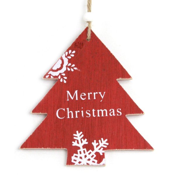 Χριστουγεννιάτικο Ξύλινο Δεντράκι, Κόκκινο με Χιονονιφάδα και "Merry Christmas" (14cm)